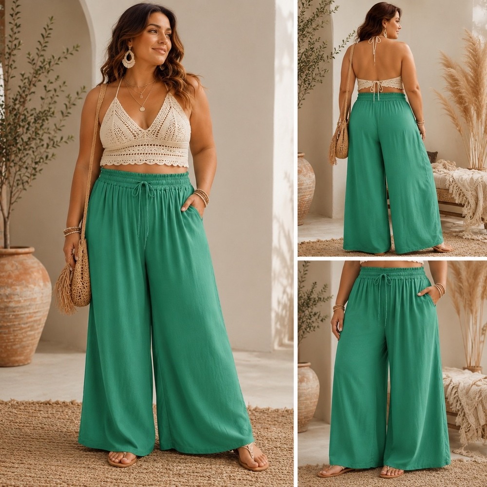 The Free Yoga Wide Leg Palazzo Pant L Green Cotton Paperbag Drawstring NWT Lined
